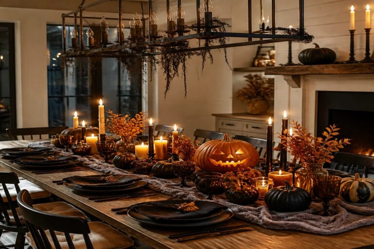 25 Striking Halloween Centerpiece Decor Ideas for Your Table Dining table decorated with black, white, and metallic pumpkins, black taper candles, and a dark runner as a Halloween centerpiece.