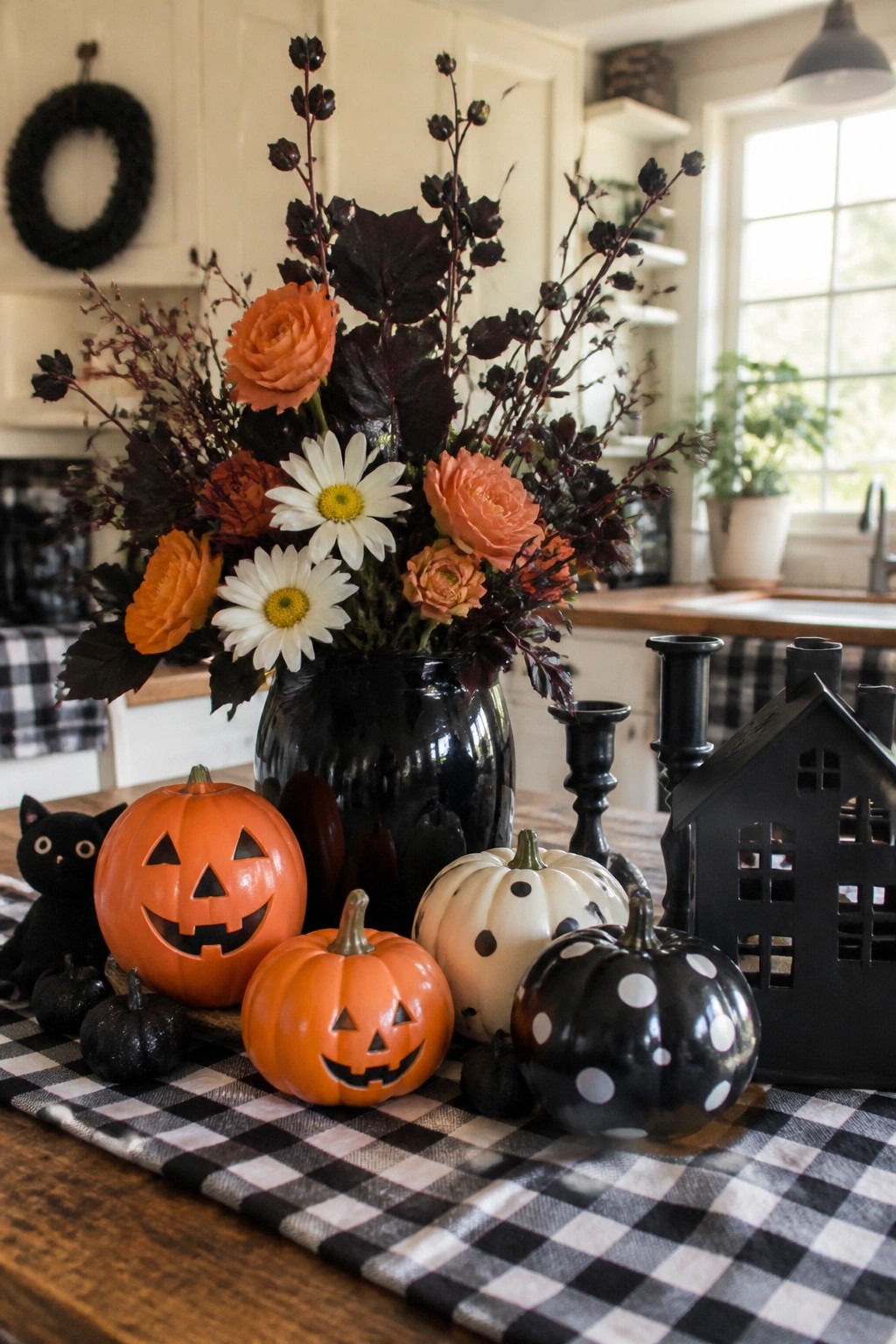 A kitchen table centerpiece featuring carved jack o lanterns, a black vase with orange flowers and dark branches, and black and white polka dot pumpkins on a checkered runner.