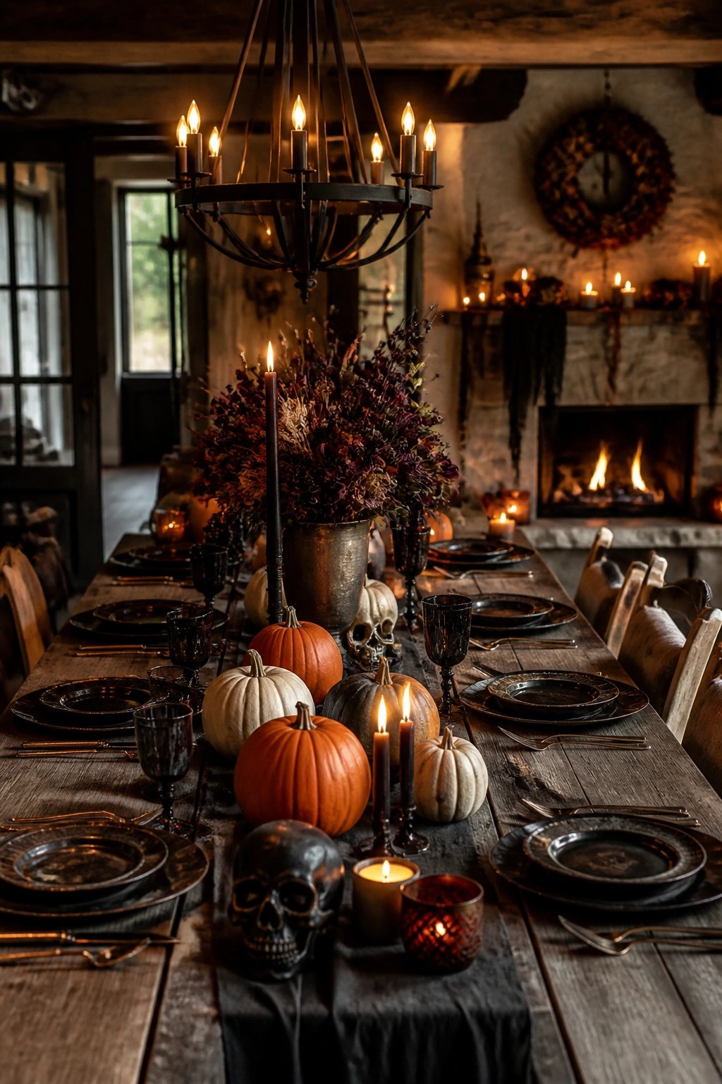 Long wooden dining table set with black plates, dark glassware, orange and white pumpkins, skulls, and black candles running down the center.