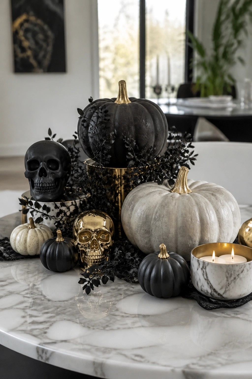 Marble table with black and gold skulls, black and white pumpkins, black foliage, and a marble candle holder arranged as a centerpiece.
