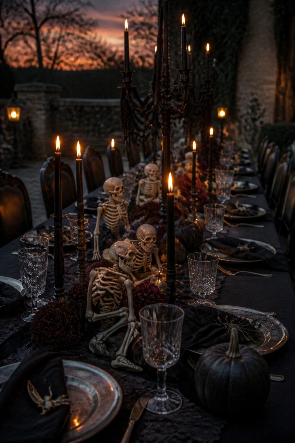 Long outdoor dining table at dusk with black linens, black candles, pumpkins, and small skeleton figures arranged down the center as a centerpiece.