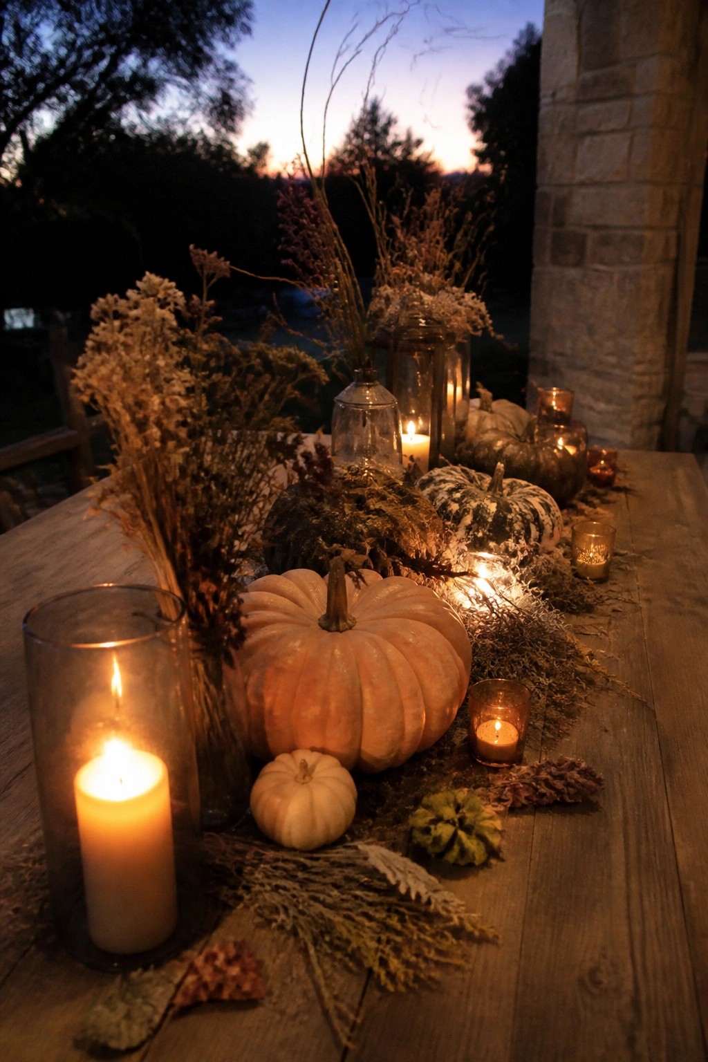 A wooden table centerpiece with white and striped pumpkins, lit candles in glass holders, and dried floral stems arranged along the center.