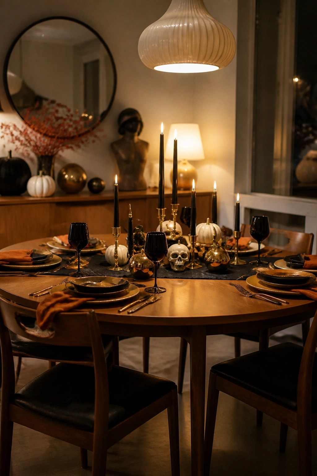 Round wooden table set with black candles, pumpkins, skull, and dark glassware.