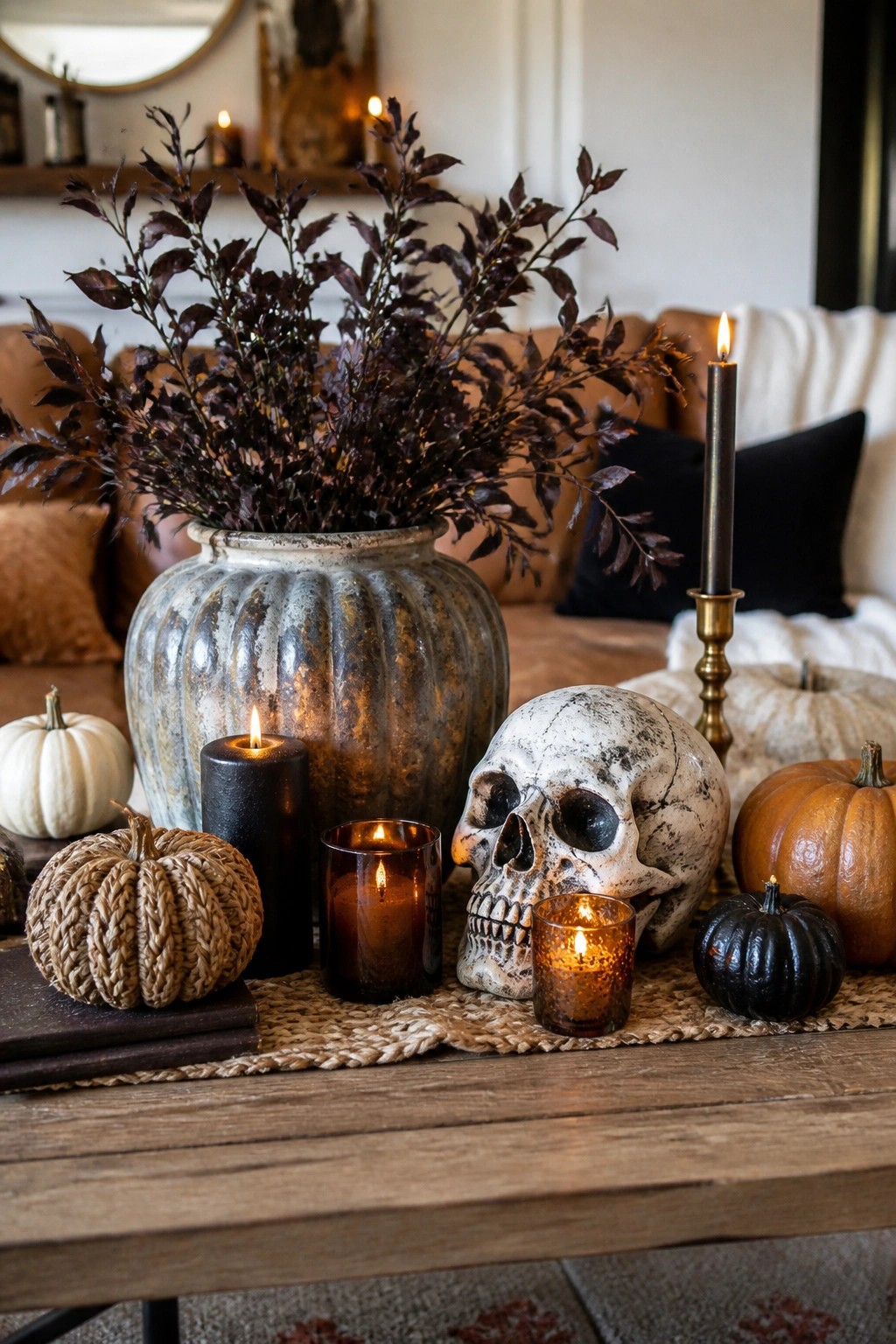 Wooden table with a large skull centerpiece, black and amber candles, and assorted pumpkins arranged on a woven runner.