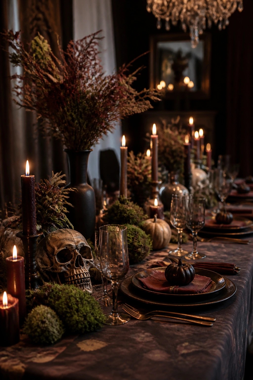 Dining table centerpiece featuring a decorative skull surrounded by dark candles, moss, and black plates.