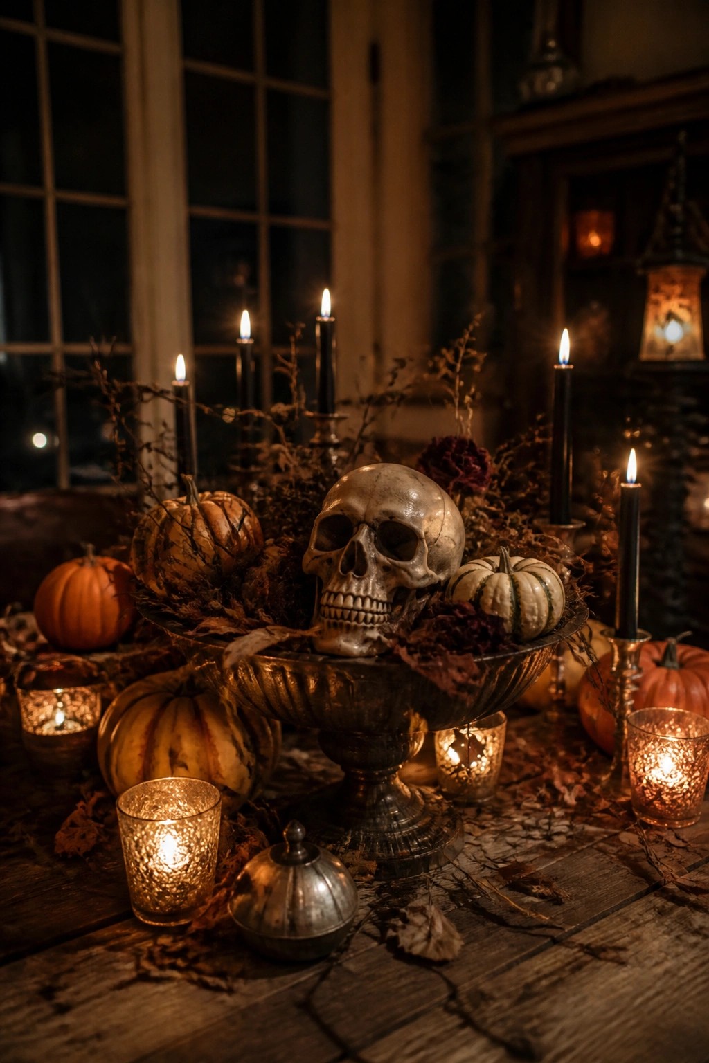 A metallic skull sits inside an ornate metal bowl on a wooden table, surrounded by black taper candles, small pumpkins, and dried leaves.