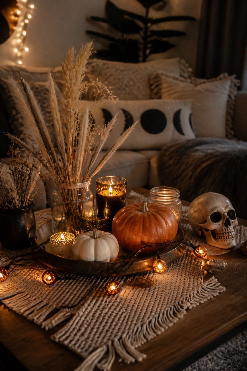 Coffee table tray arranged with a skull, orange and white pumpkins, lit candles in glass holders, and string lights for a Halloween centerpiece.