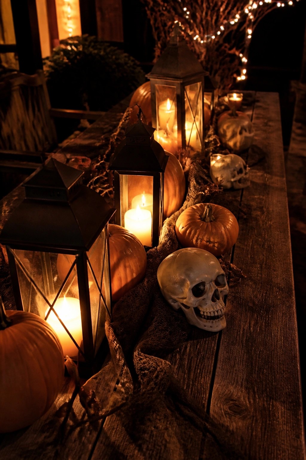 Lit lanterns, pumpkins, and skulls arranged on rustic wooden table at night