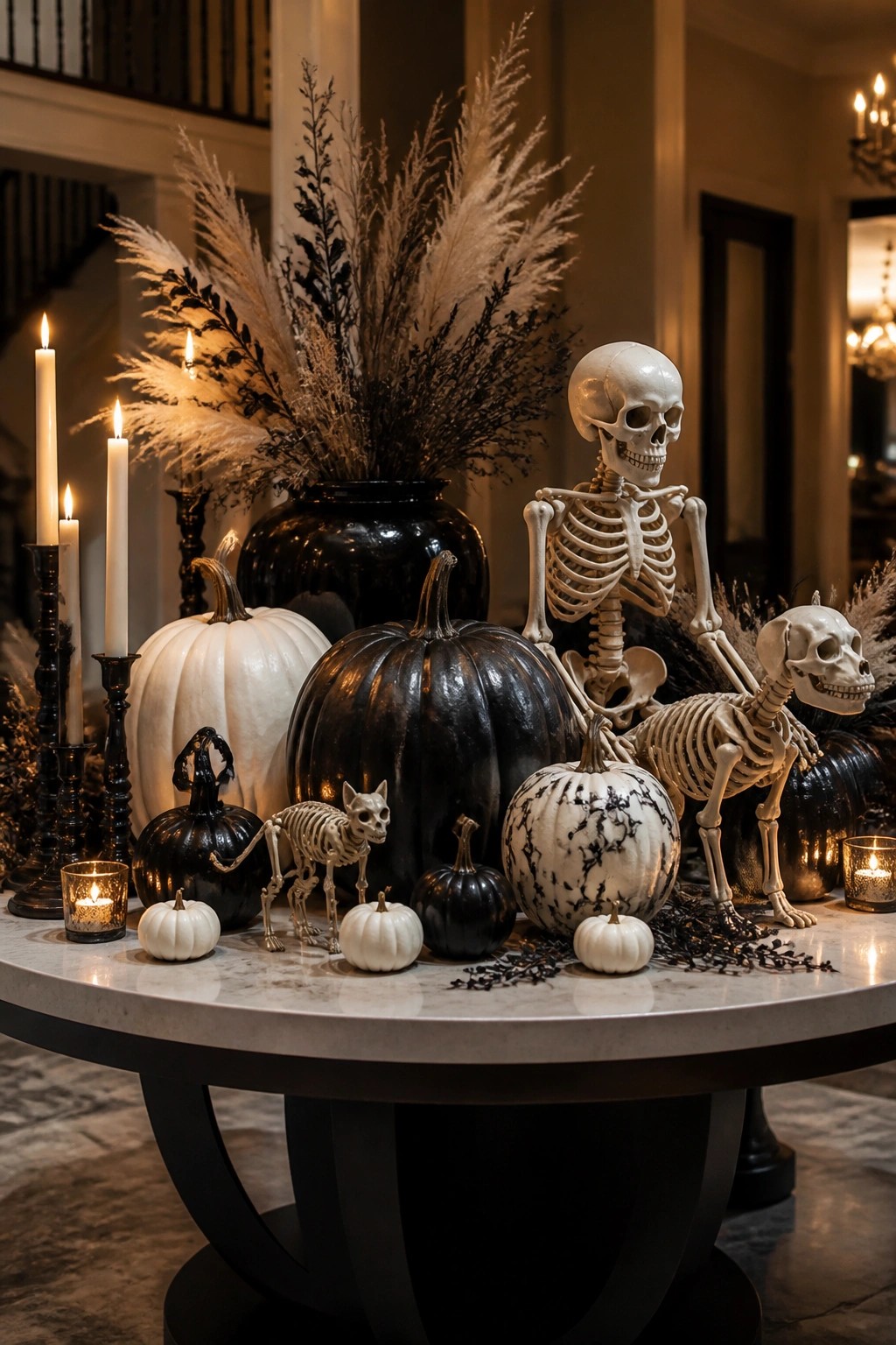 Spooky table with human cat skeletons, black white pumpkins, candles, and pampas grass