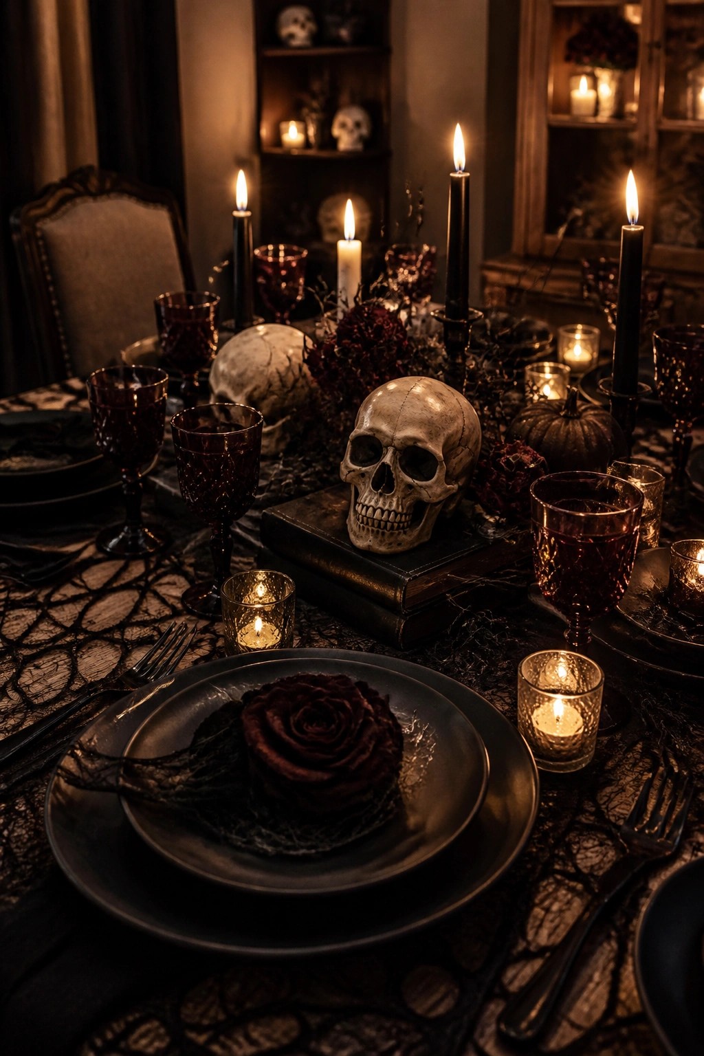 Gothic dinner table with skulls, black candles, dark roses, cobwebs, and burgundy glassware.
