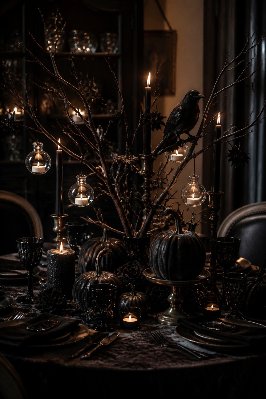 Moody gothic table with black pumpkins, candles, bare branches, and perched crow.