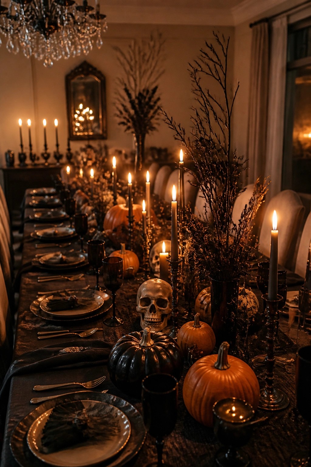 Long dining table set with black linens, plates, skulls, black branches, pumpkins, and lit candles as a Halloween centerpiece.