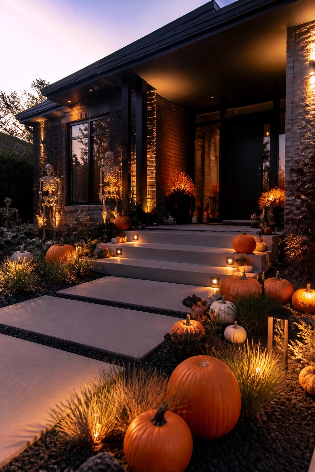 Modern house exterior with multiple standing skeletons in the front garden beds and rows of pumpkins lining the porch steps and walkway.