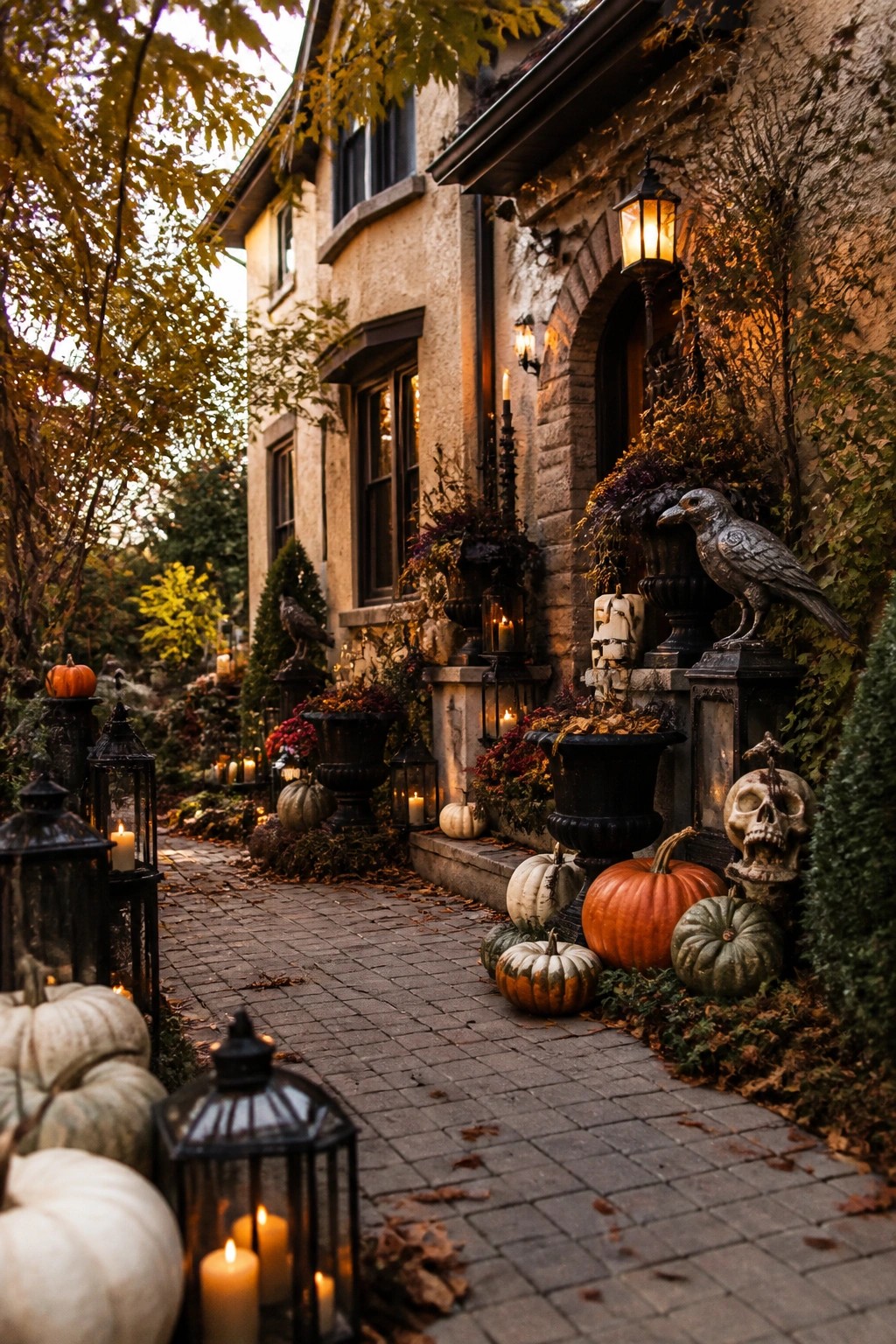 Stone house entrance with skull and crow statues, black urns, pumpkins, and lanterns placed along a brick walkway.