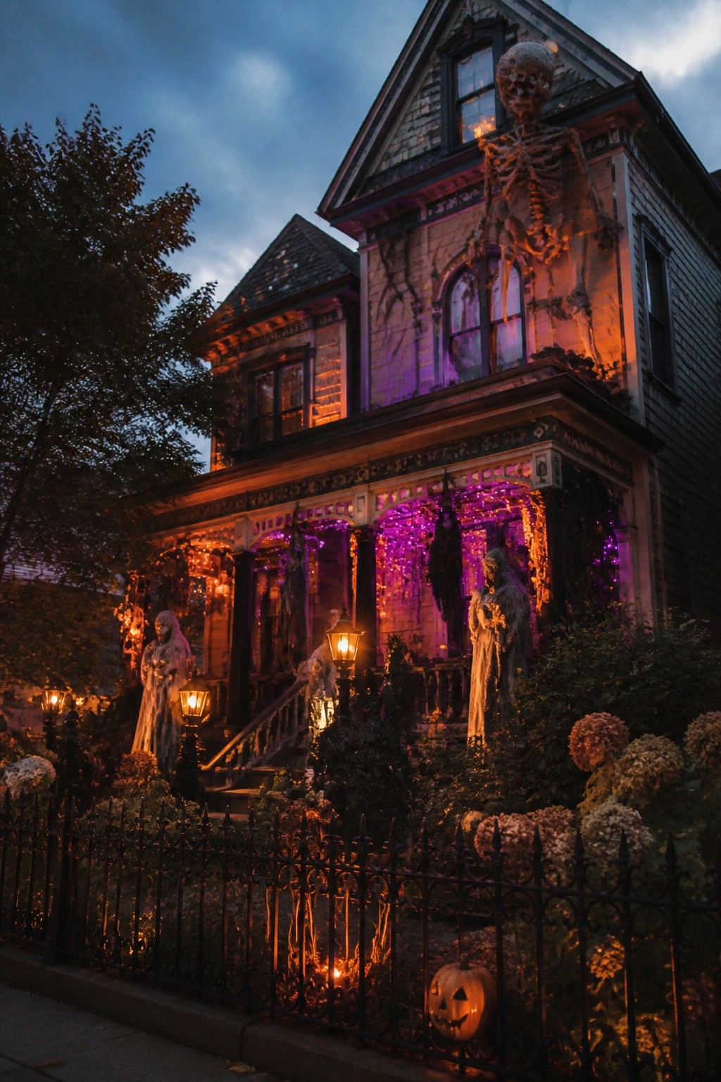 Haunted Victorian house with giant skeleton, ghosts, purple lights, and jack-o'-lantern.