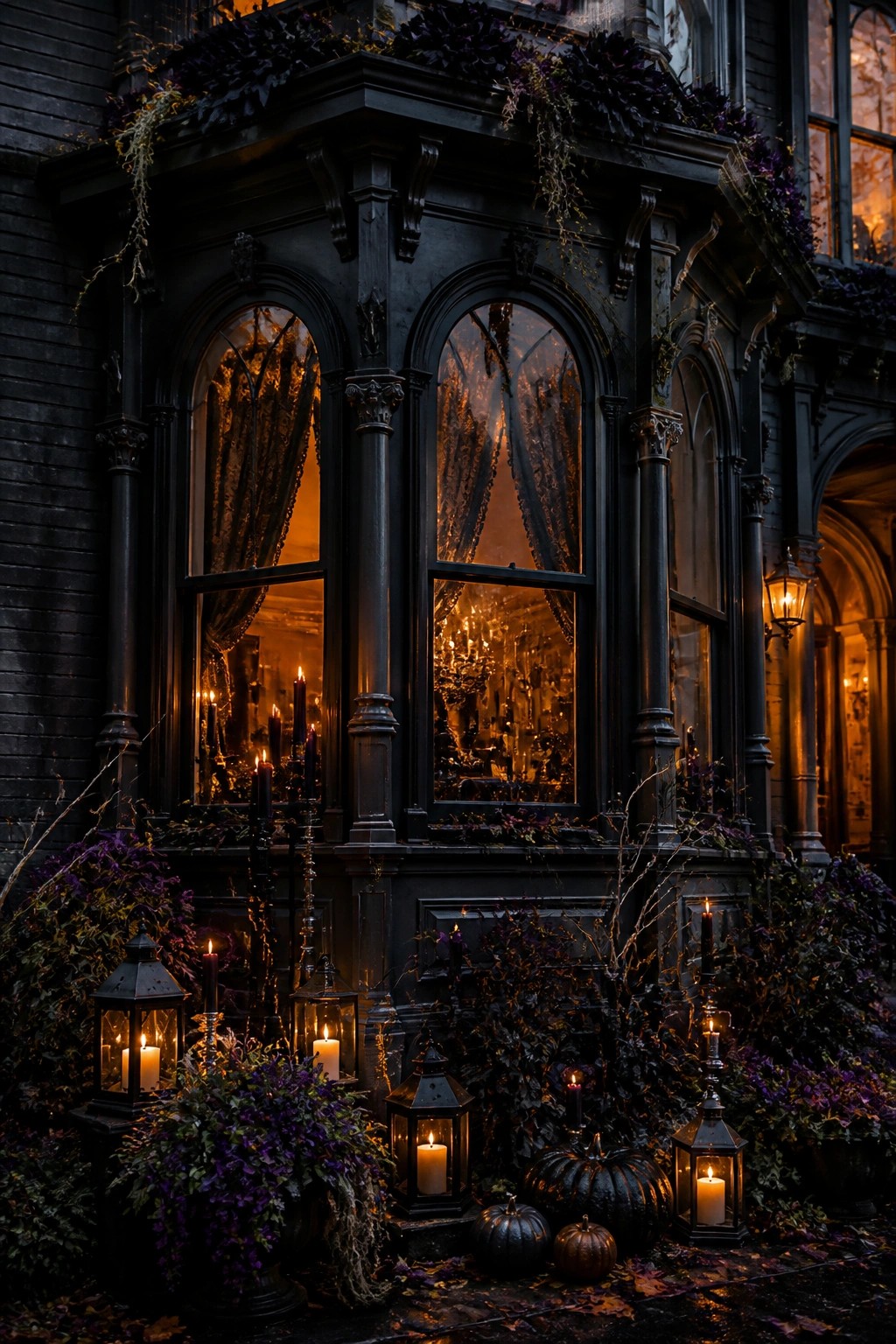 Dark house exterior with arched windows lined with many lit black candles in holders and lanterns, plus black pumpkins at the base.