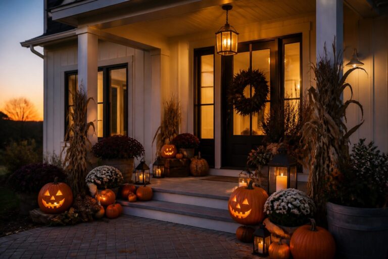 Front porch decorated with two seated skeletons on the steps, lit lanterns, and pumpkins around the entrance.