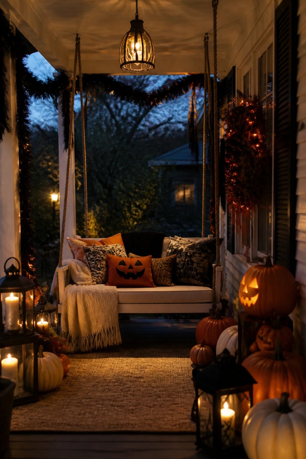 Front porch swing with a jack o lantern pillow and multiple carved pumpkins arranged around the seating area at night.