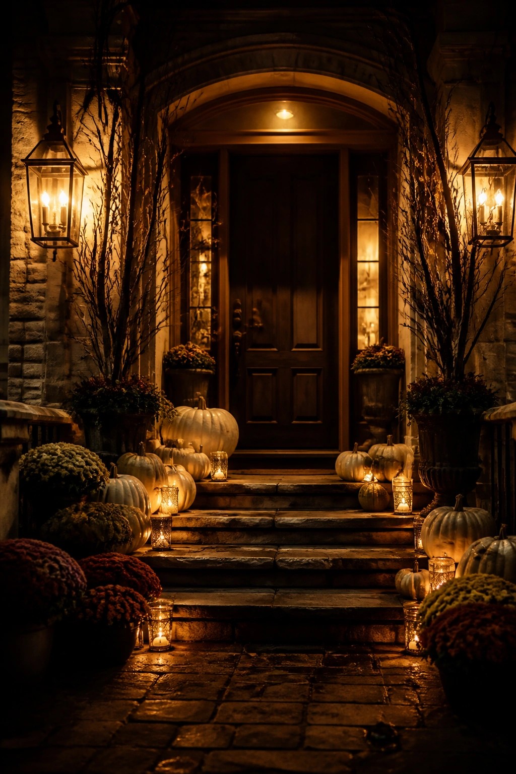 Stone steps with white pumpkins, mums, and glowing lanterns at dark wooden door