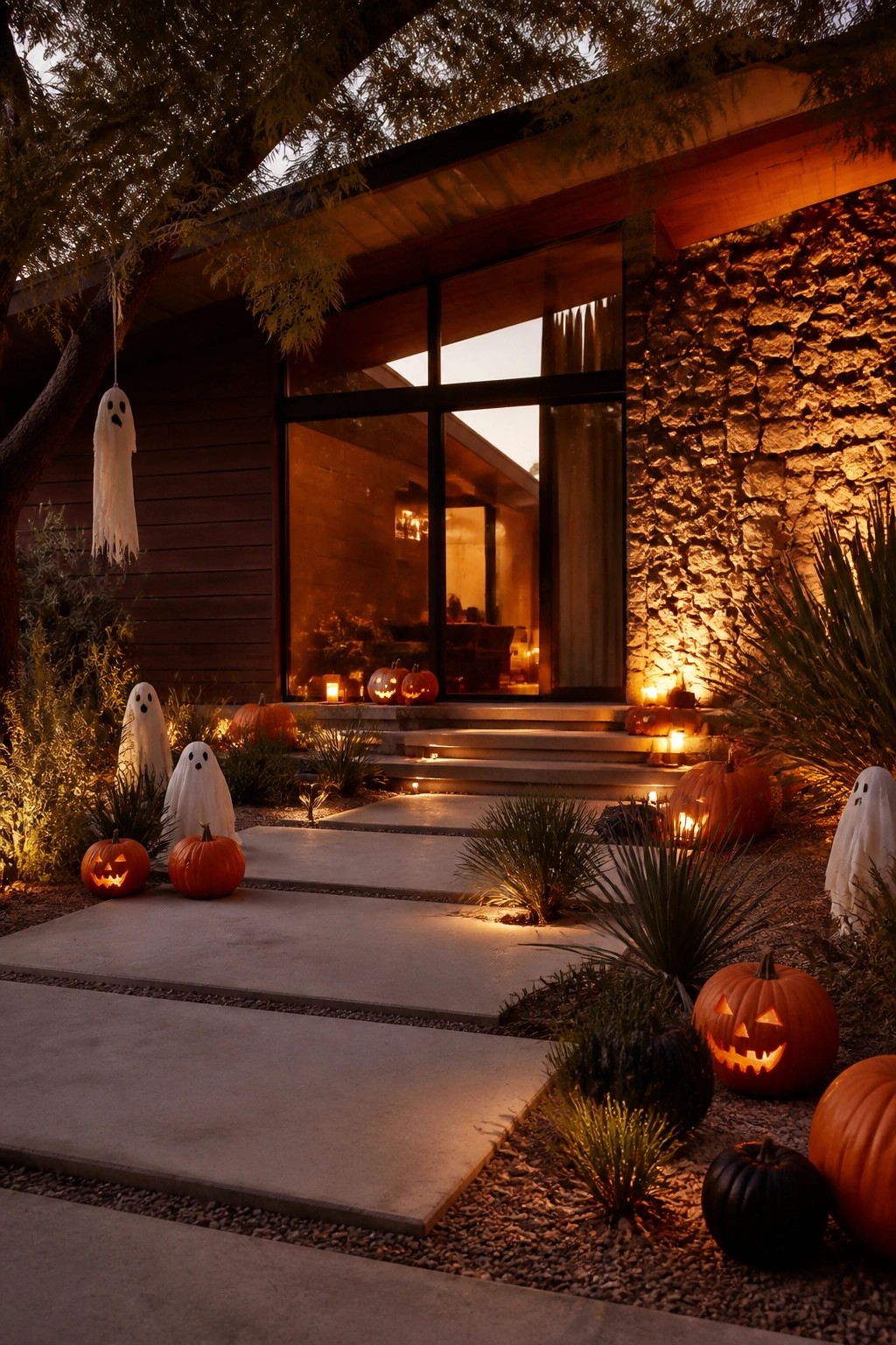 Modern house exterior at dusk with white fabric ghosts placed along a concrete walkway, several lit jack-o'-lanterns on the ground and steps, and one hanging ghost from a tree branch.