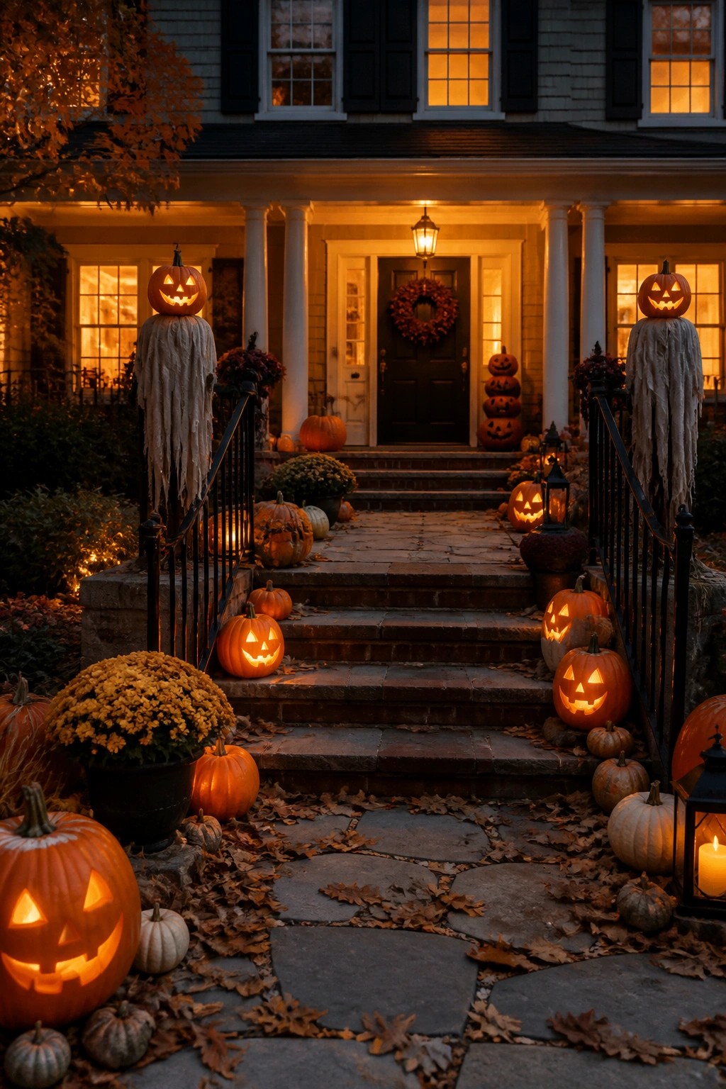 Front porch steps lined with carved glowing jack o lanterns and ghost figures wrapped around the railings.
