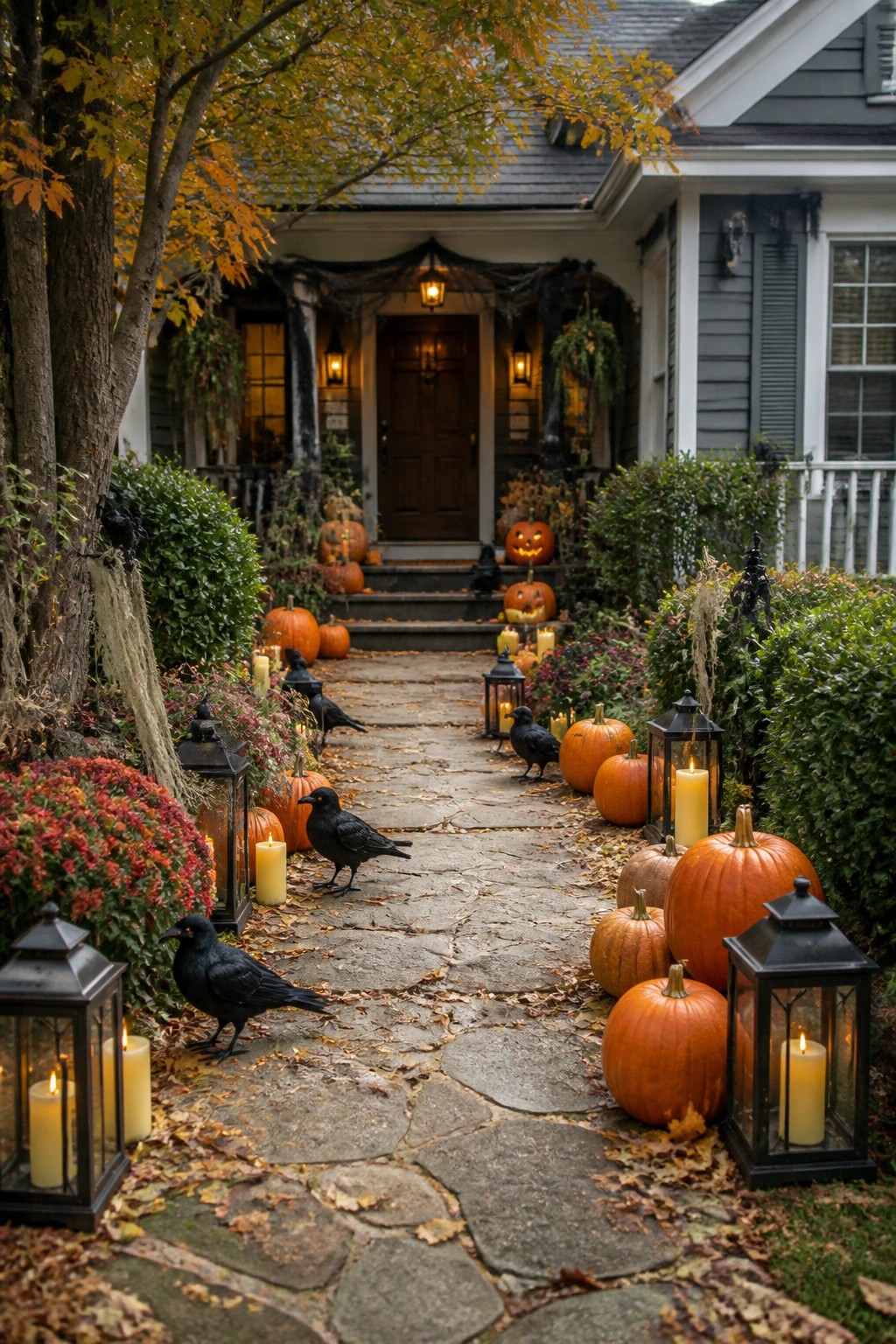 Stone walkway lined with black crows, pumpkins, and black lanterns with candles leading to a decorated front porch.