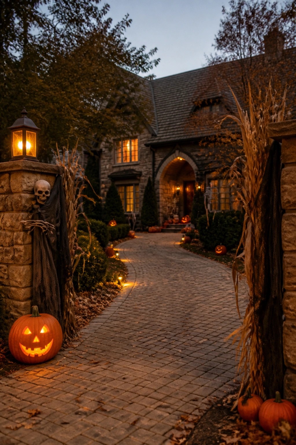 Cobblestone walkway lined with glowing carved pumpkins and stone pillars decorated with skeletons and dried corn stalks leading to a stone house at dusk.