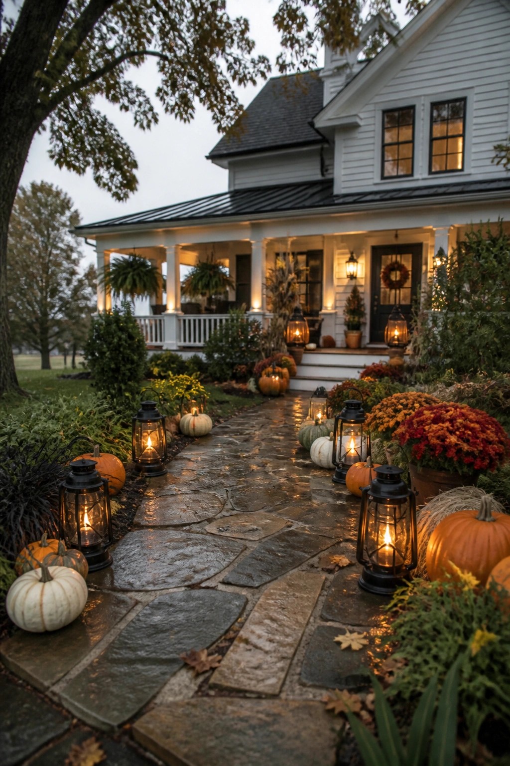 A stone walkway lined with glowing black lanterns and pumpkins leading to a white house porch decorated with fall flowers and additional lanterns.