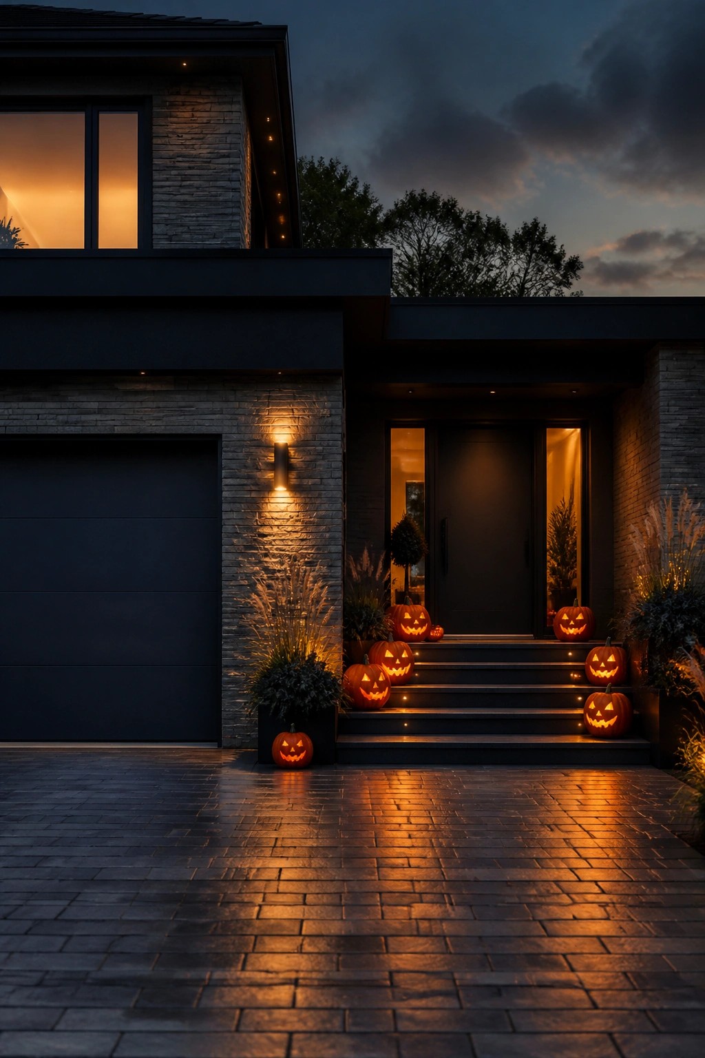 Modern house entrance with multiple lit jack o' lanterns arranged on the front steps and near the doorway.
