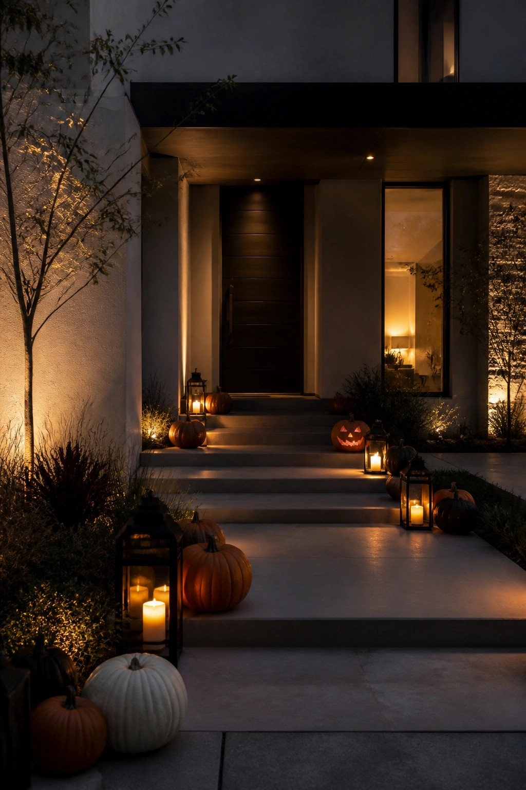Front steps at night lined with carved jack o lanterns and black candle lanterns leading to a dark door.