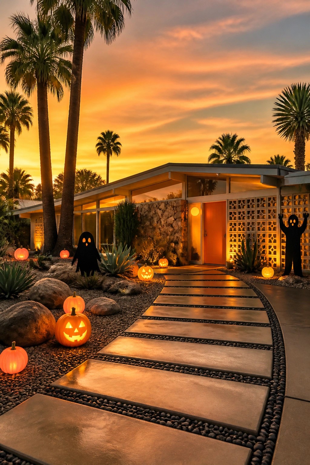 Halloween-lit pumpkins and ghost silhouettes line path to modern home at sunset