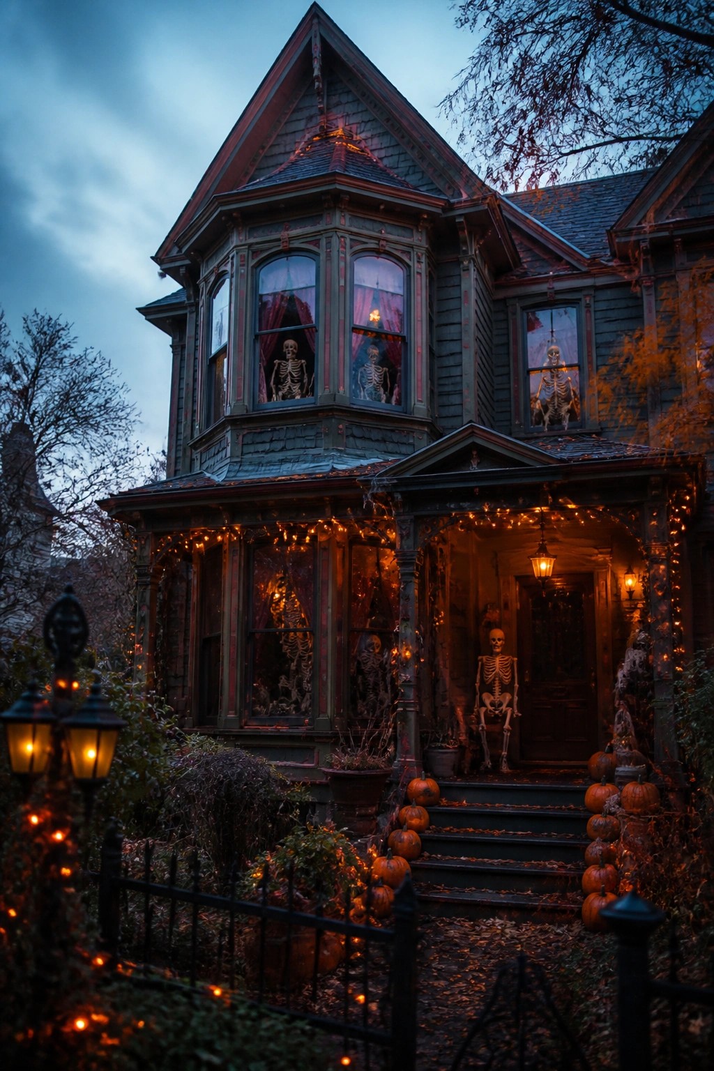 Victorian house exterior at dusk with multiple skeletons positioned in the windows and one seated on the front porch, surrounded by string lights and pumpkins on the steps.