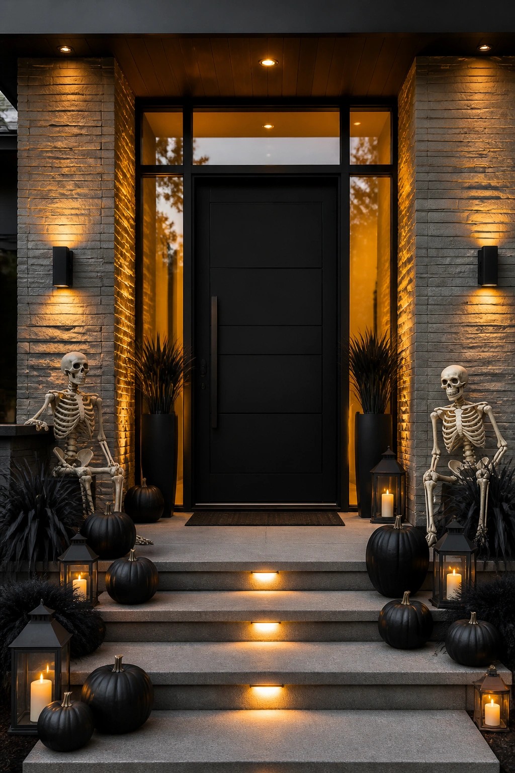 Front entrance with two seated skeletons on the steps, black pumpkins, and lit lanterns flanking a black door.