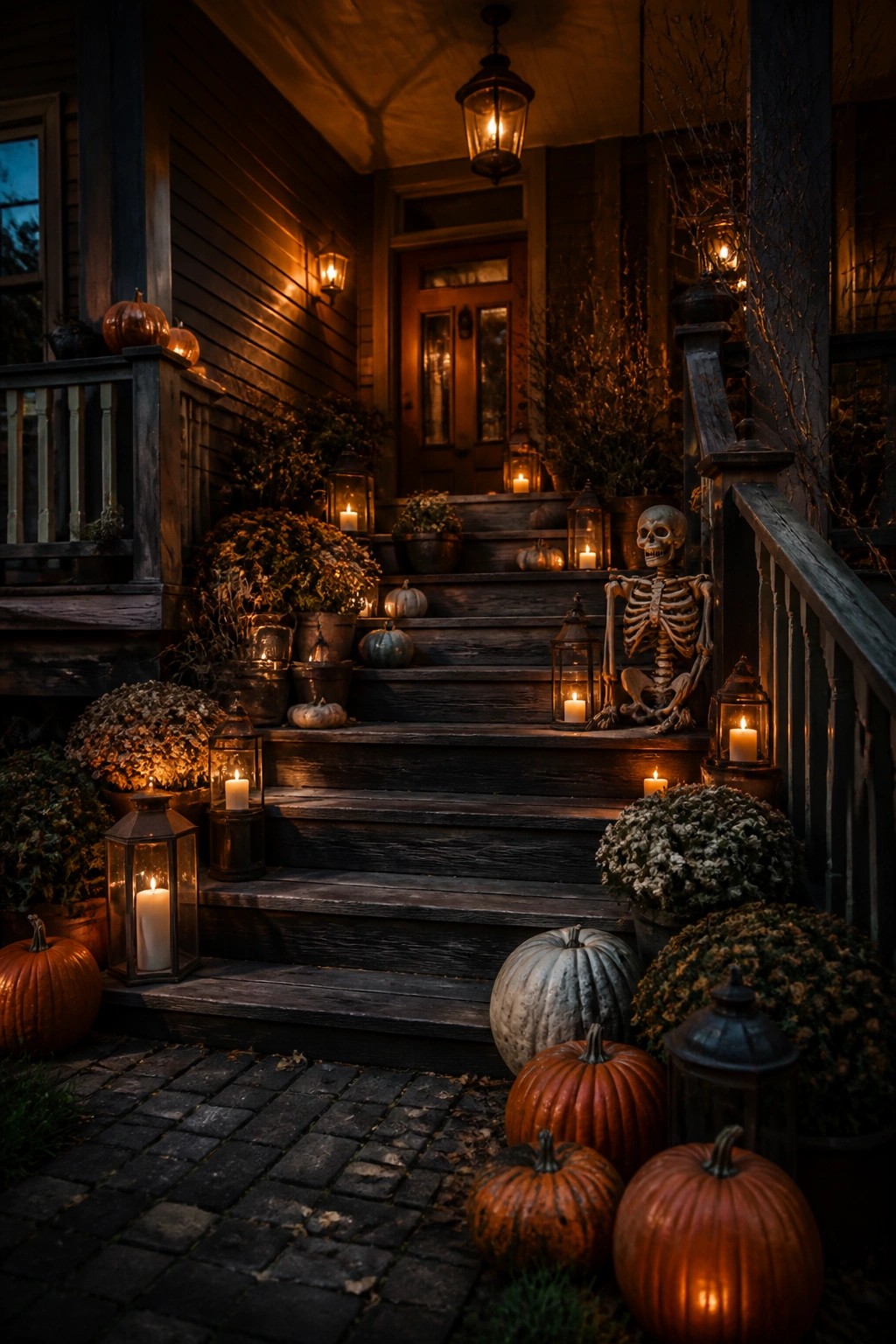 Front porch with a skeleton seated on the wooden steps, surrounded by lanterns and pumpkins at dusk.
