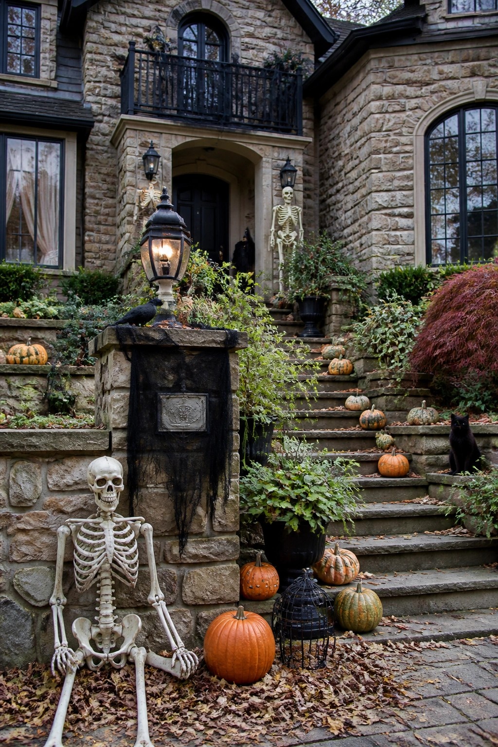 Stone house front entrance with multiple white skeletons positioned on the steps and pillar, a black cat on the stairs, and pumpkins scattered along the walkway.