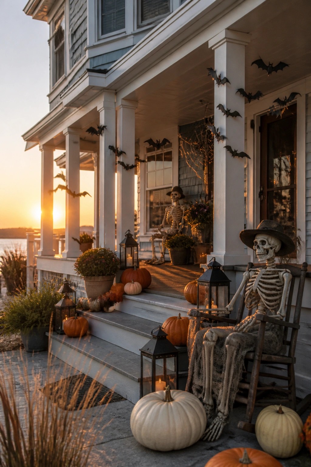 Front porch with two skeletons, one seated in a rocking chair with a hat and the other standing nearby, plus black bats on the white columns and pumpkins on the steps.