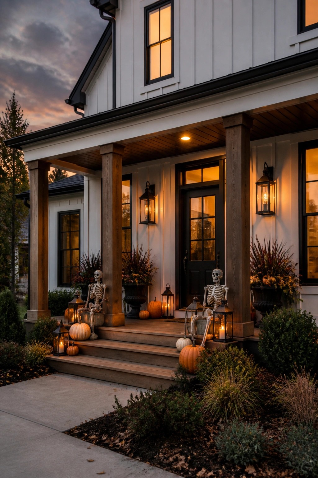 Front porch decorated with two seated skeletons on the steps, lit lanterns, and pumpkins around the entrance.