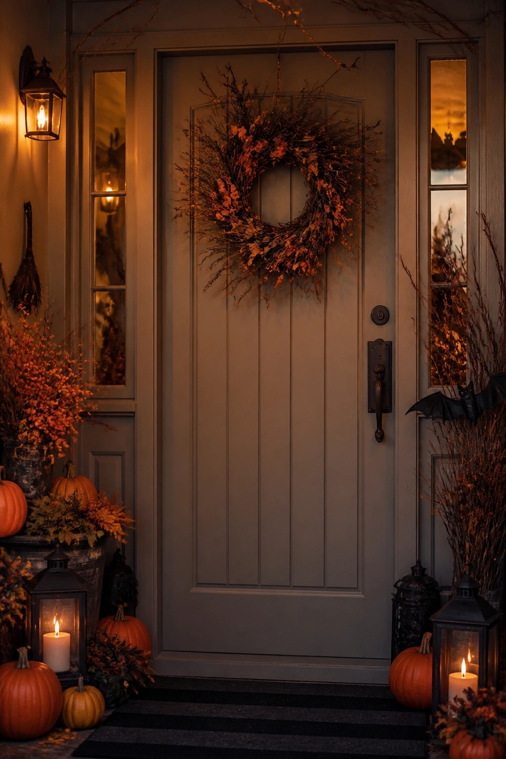 Gray front door with an autumn wreath and black bat decoration, flanked by pumpkins and lanterns.