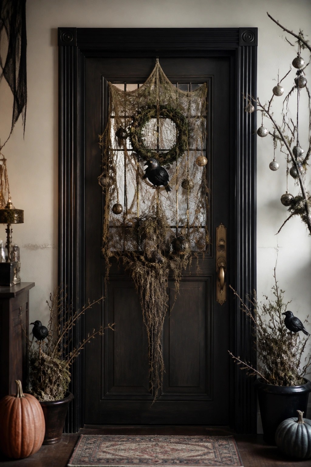 Dark wooden front door with a moss wreath, black crow, and draped netting for a Halloween display.