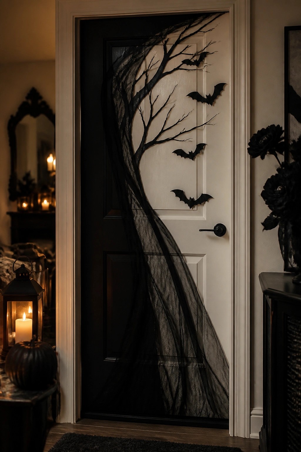 White front door with a large black branch draped in sheer fabric and multiple black bat cutouts attached to the surface.