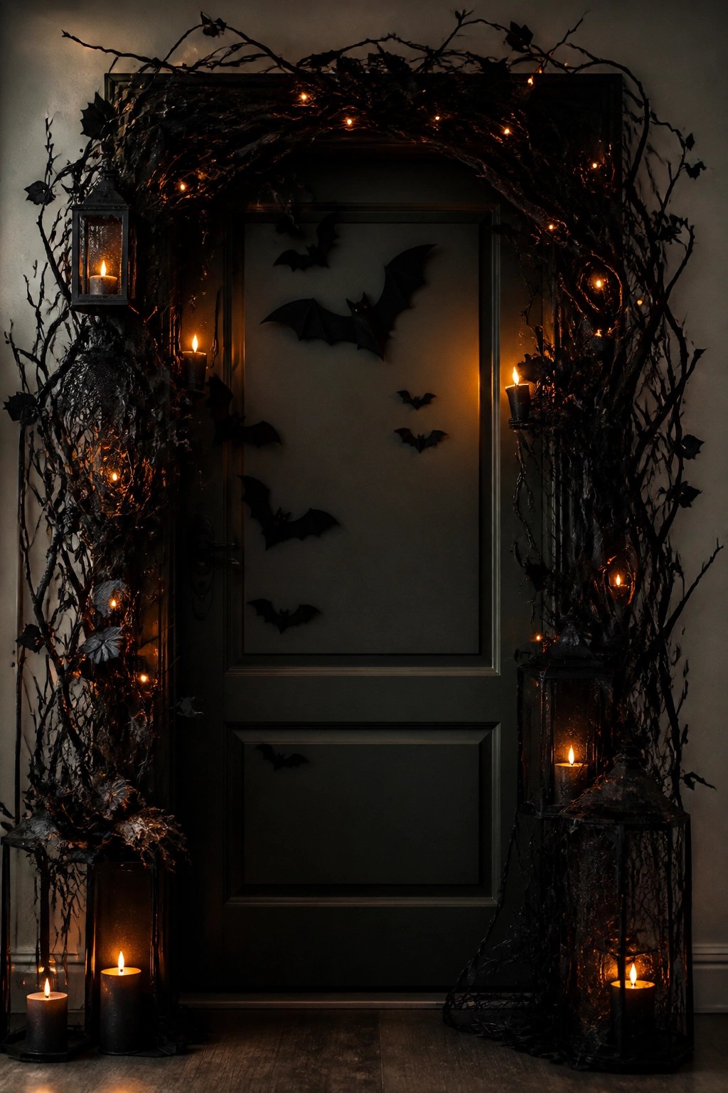 Dark front door decorated with multiple black bat cutouts and framed by black branches, string lights, and candles in lanterns.