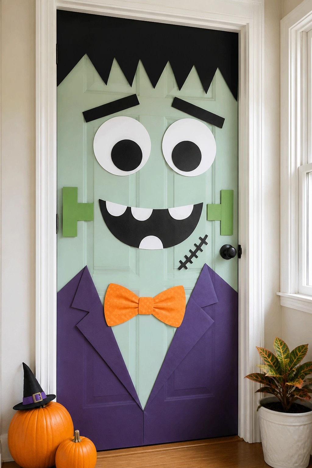 Frankenstein door with green face, purple suit, orange bow tie, and pumpkins below
