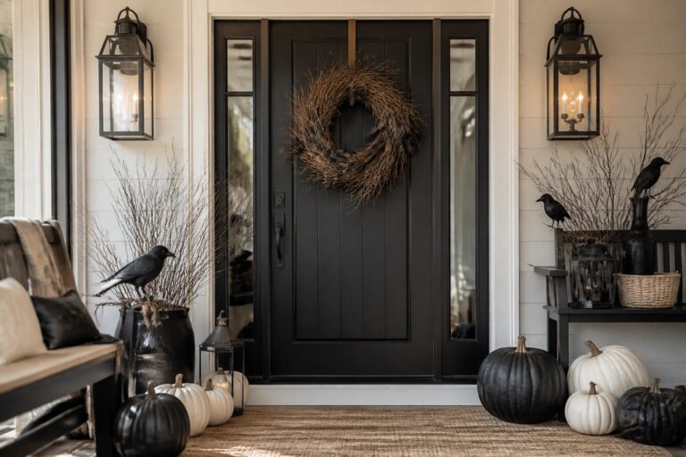 Black interior door with a large twig wreath centered on the panels, surrounded by black pumpkins, lanterns, and a crow figurine on side tables.