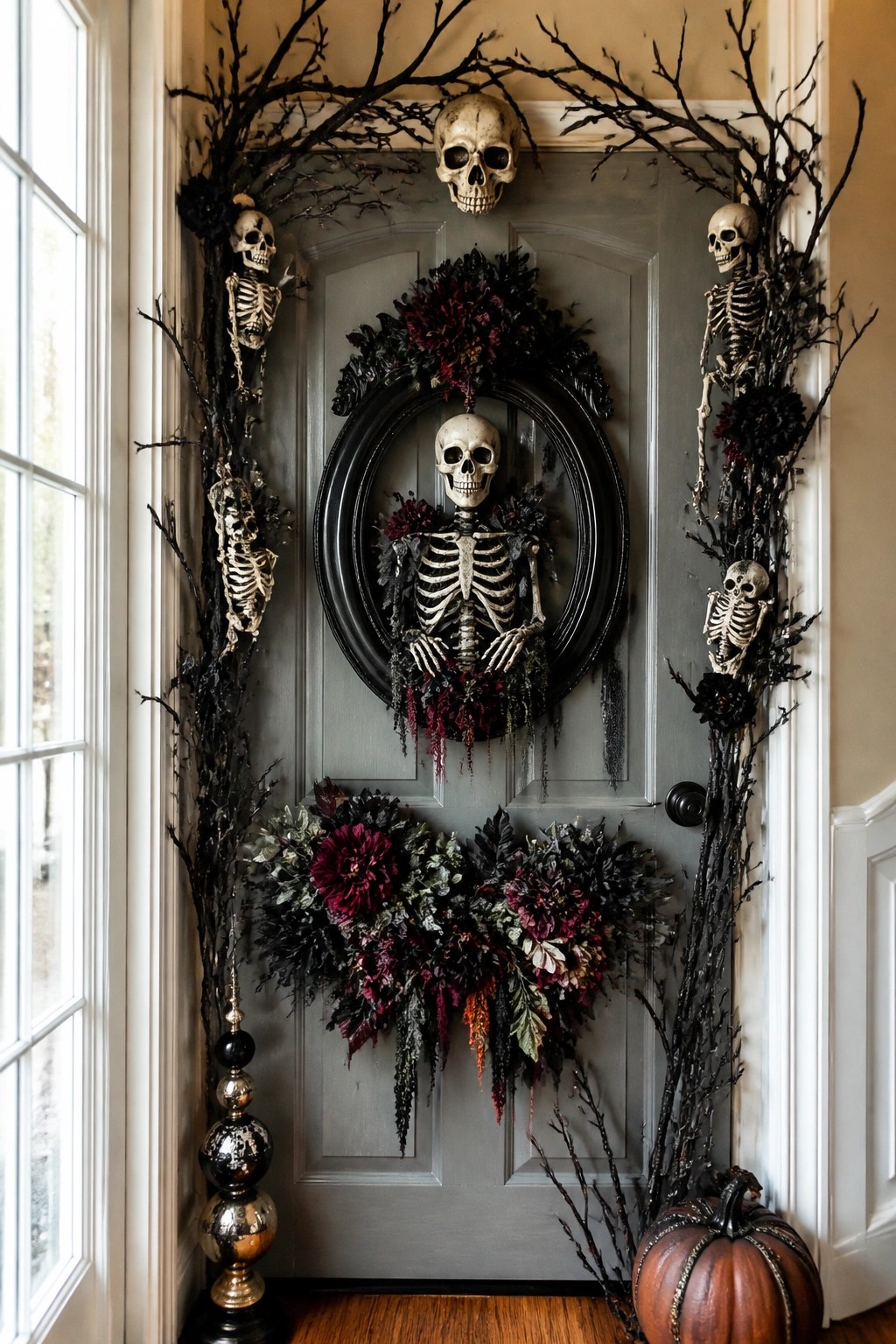 Gray front door with a skeleton centered inside a black oval frame, flanked by black branches holding additional small skeletons and dark wreaths.