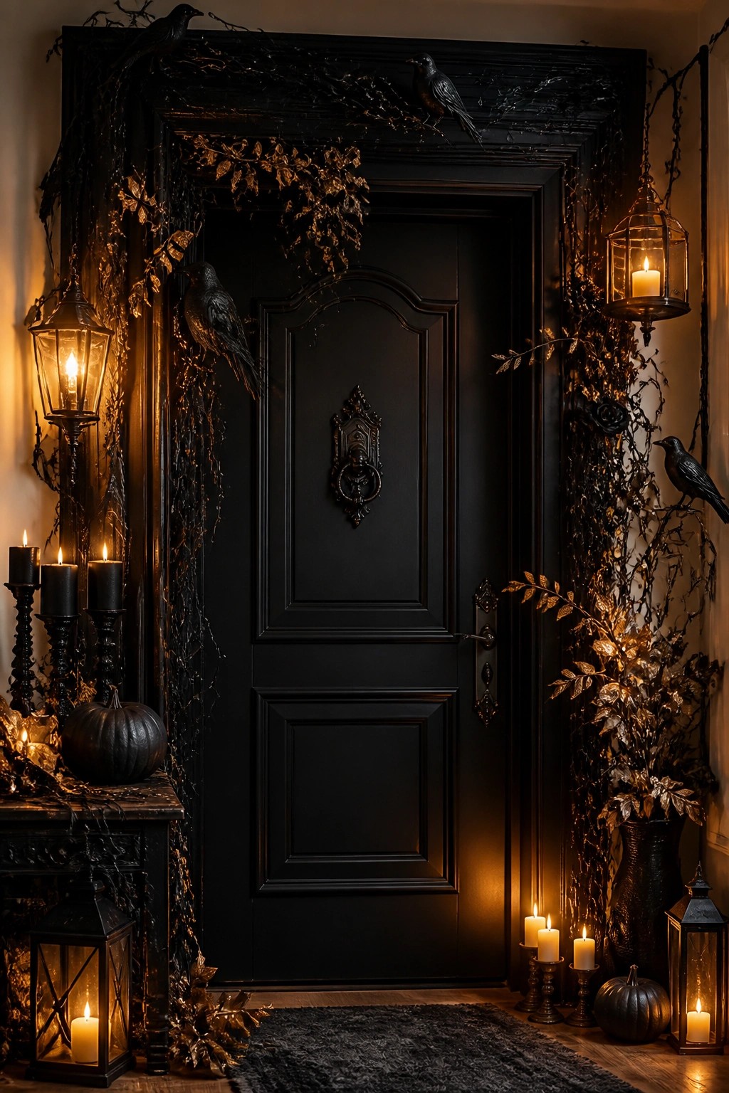 Black front door framed with dark branches, black crows, and lit lanterns and candles in an indoor entryway.