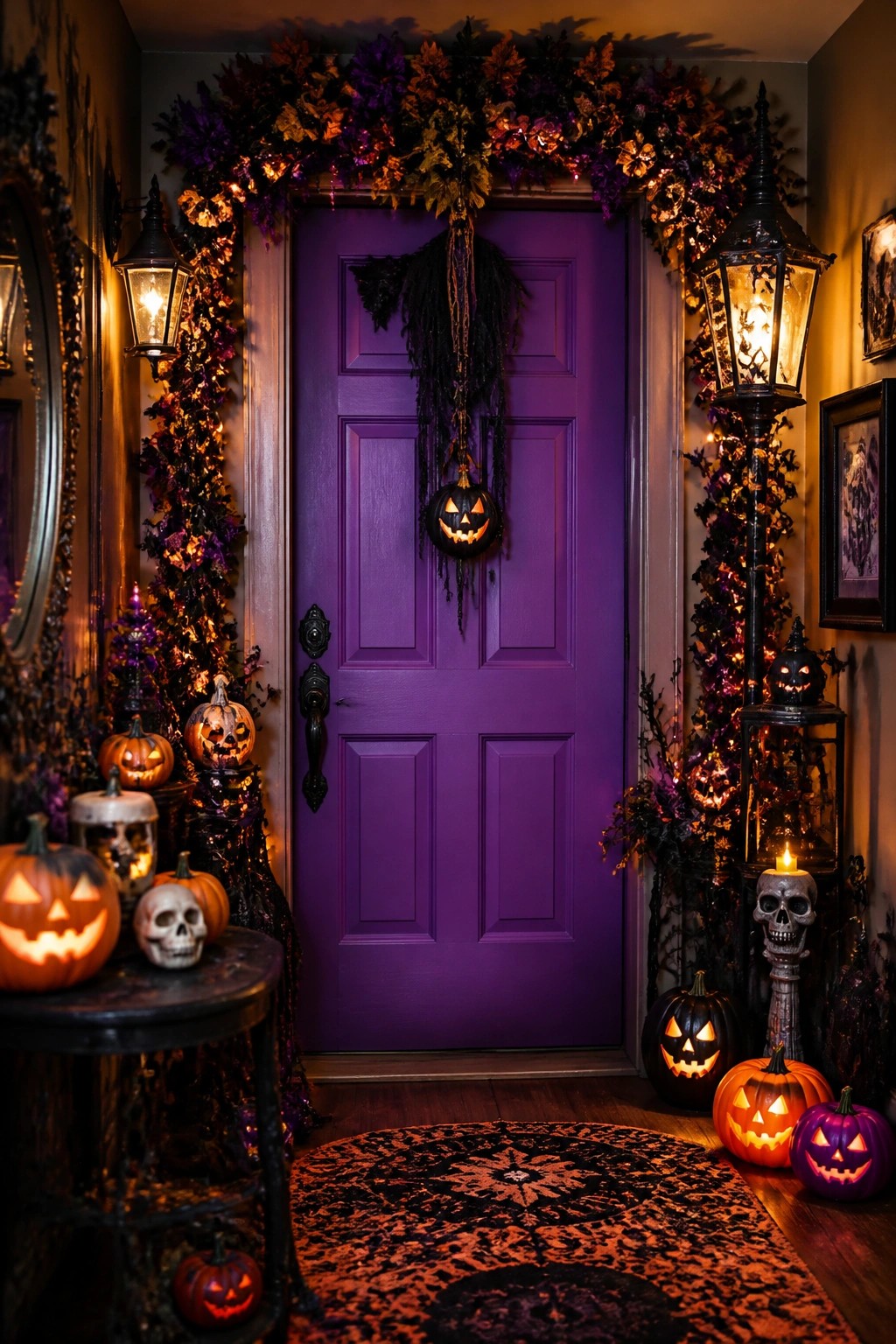 Purple door with hanging pumpkin, surrounded by glowing jack-o'-lanterns, skulls, and lanterns.