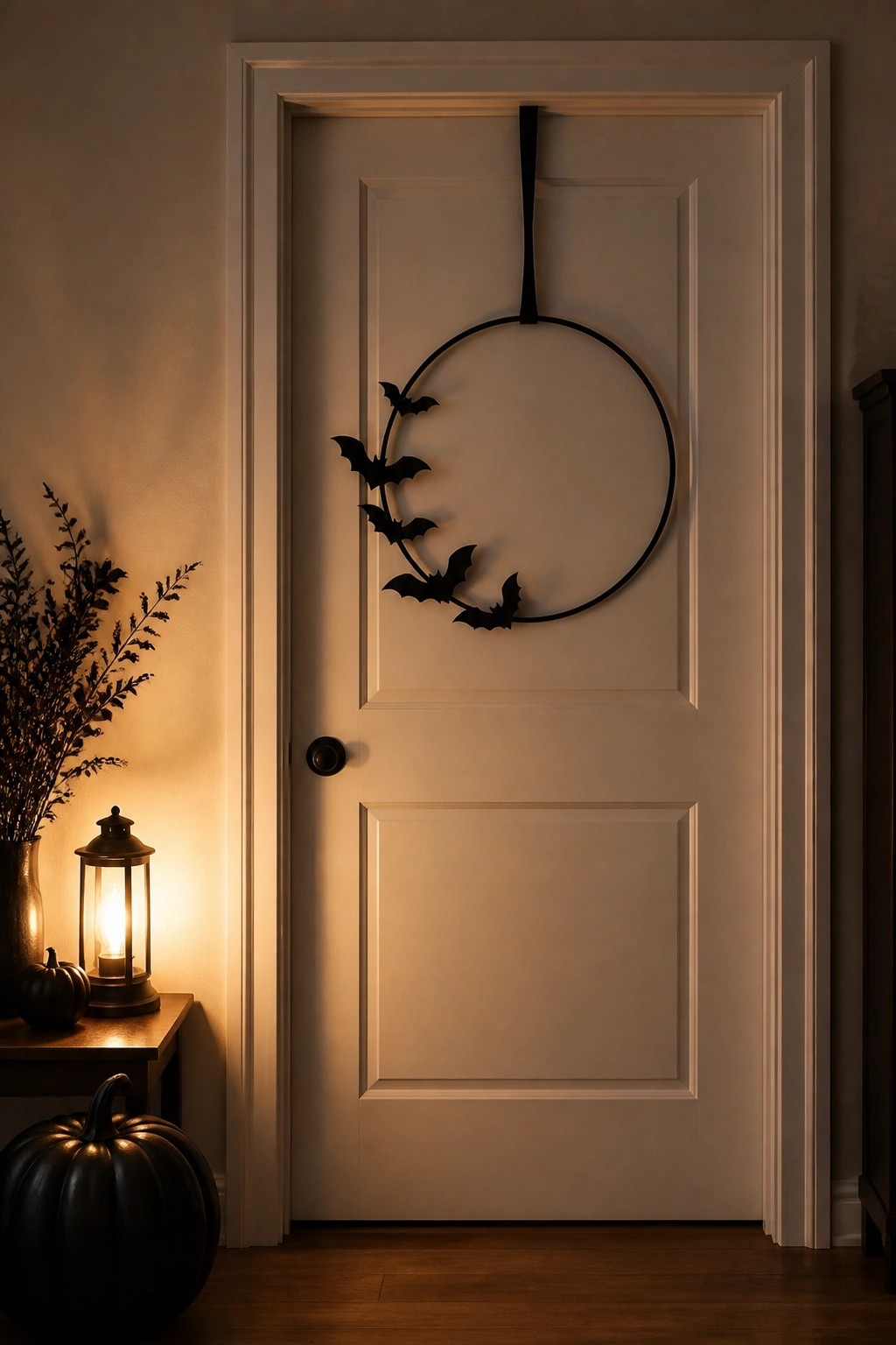 White indoor door with a black circular wreath decorated with several bat silhouettes hanging from a ribbon above the handle.