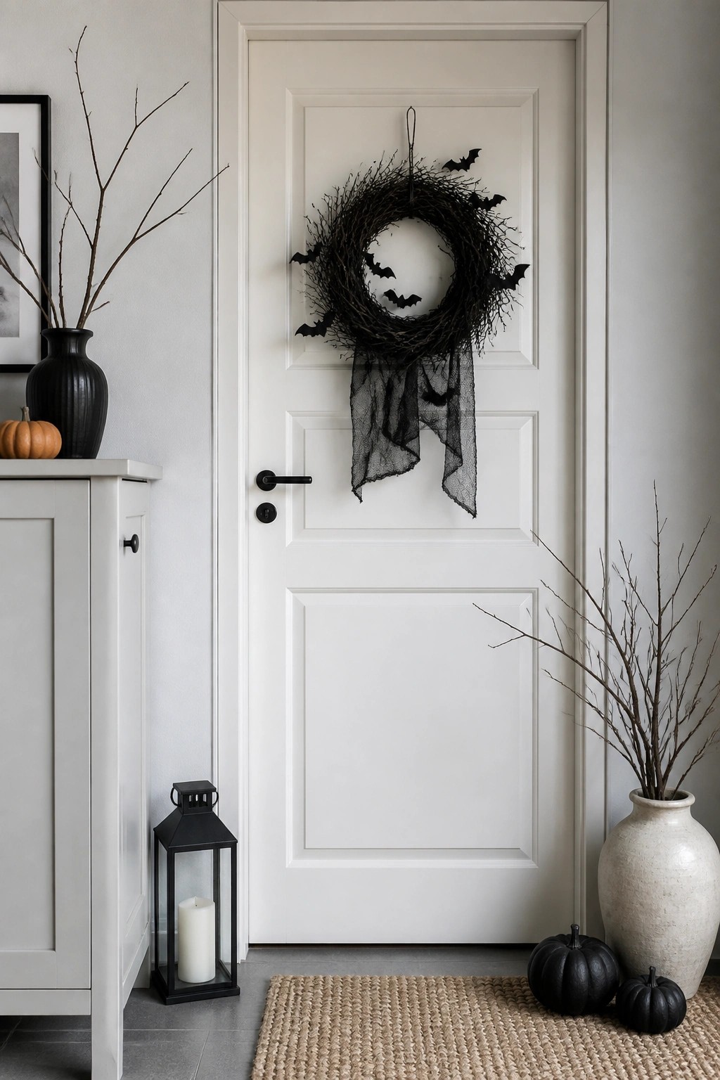 White door with a black twig wreath decorated with bat cutouts and black tulle hanging down.