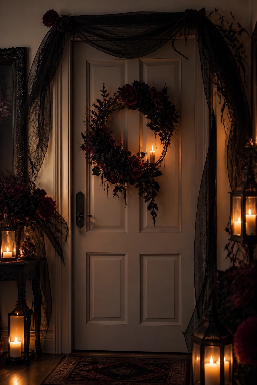 Indoor front door decorated with a large dark floral wreath holding lit candles, black sheer drapes across the top, and lanterns placed on either side.