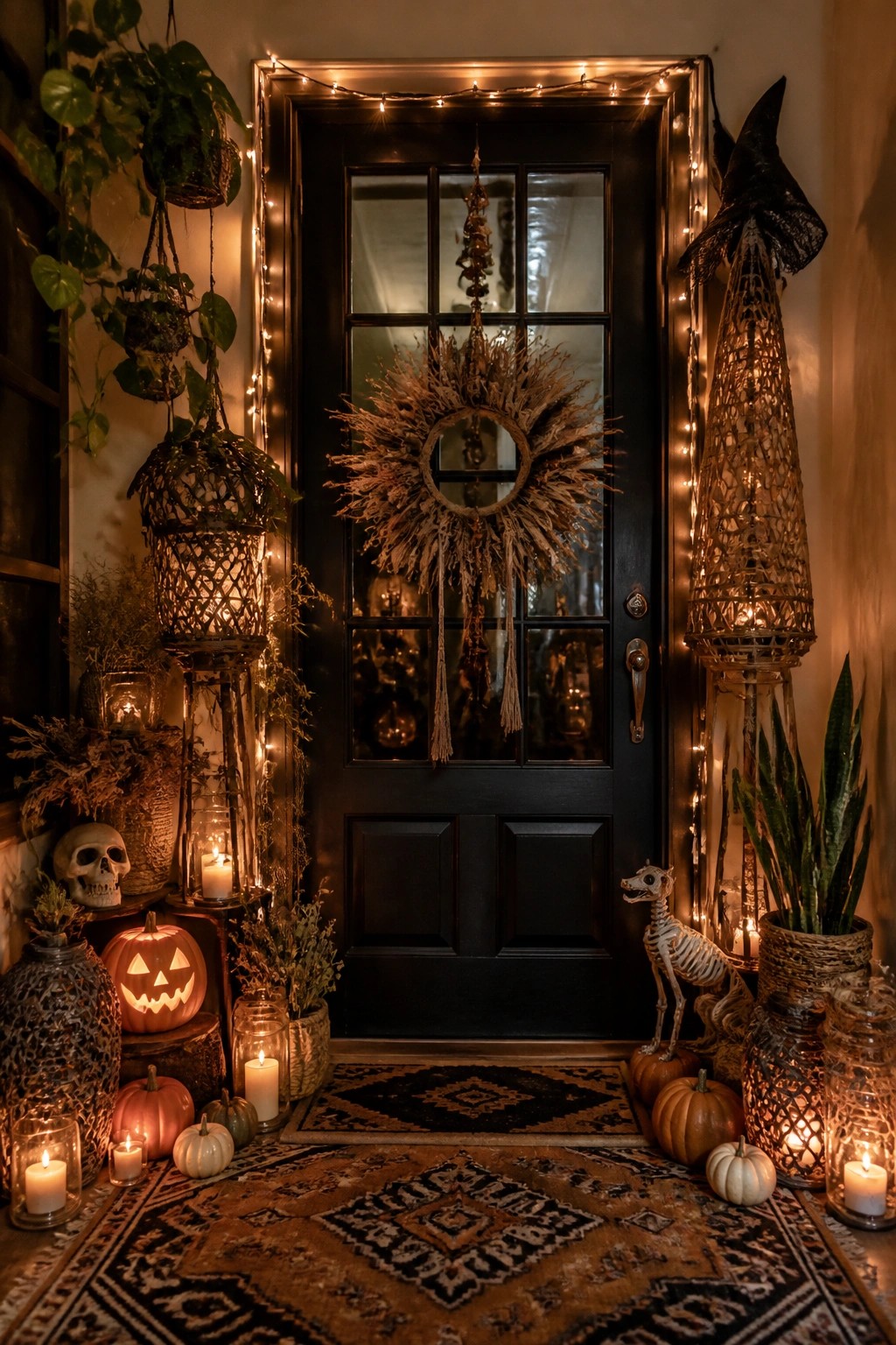 Black front door with a large dried wreath containing a central mirror, string lights along the frame, a skeleton cat, and pumpkins with candles on patterned rugs.